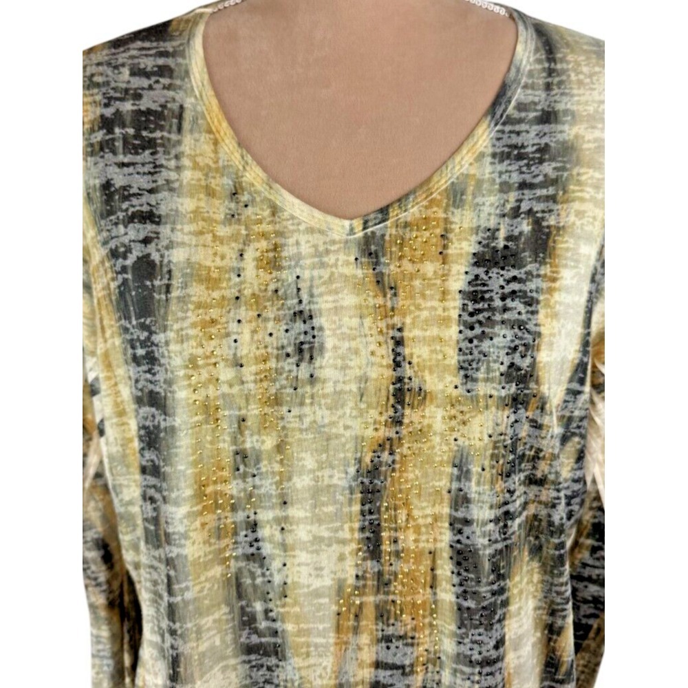 Jess & Jane Womens Sz XL Top Blue Floral Multicolor Beaded 3/4 Sleeve V Neck USA - Picture 2 of 9